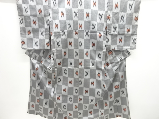 大正ロマン　市松に抽象模様織出しお召単衣着物